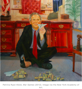 Painting of George W. Bush Playing Airplanes With Two Jenga Towers